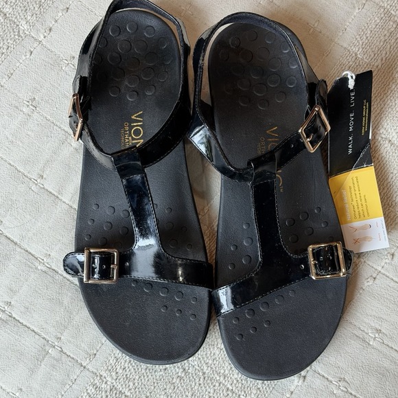 Vionic Shoes - VIONIC Adriane Black Patent Leather Flat Slingback Sandals Size 9 NWT